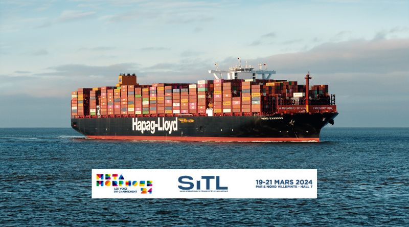 Navire Hapag Lloyd et bannière SITL