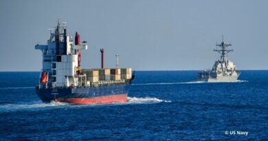 Navire militaire escortant un navire porte conteneurs