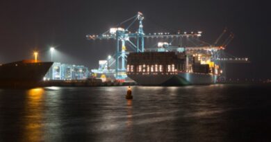 Navire Mærsk en déchargement de conteneurs à la Maasvlakte II du port de Rotterdam