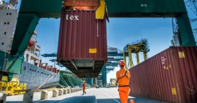 Un docker en cours de déchargement d'un conteneur dans le terminal MPET d'Anvers